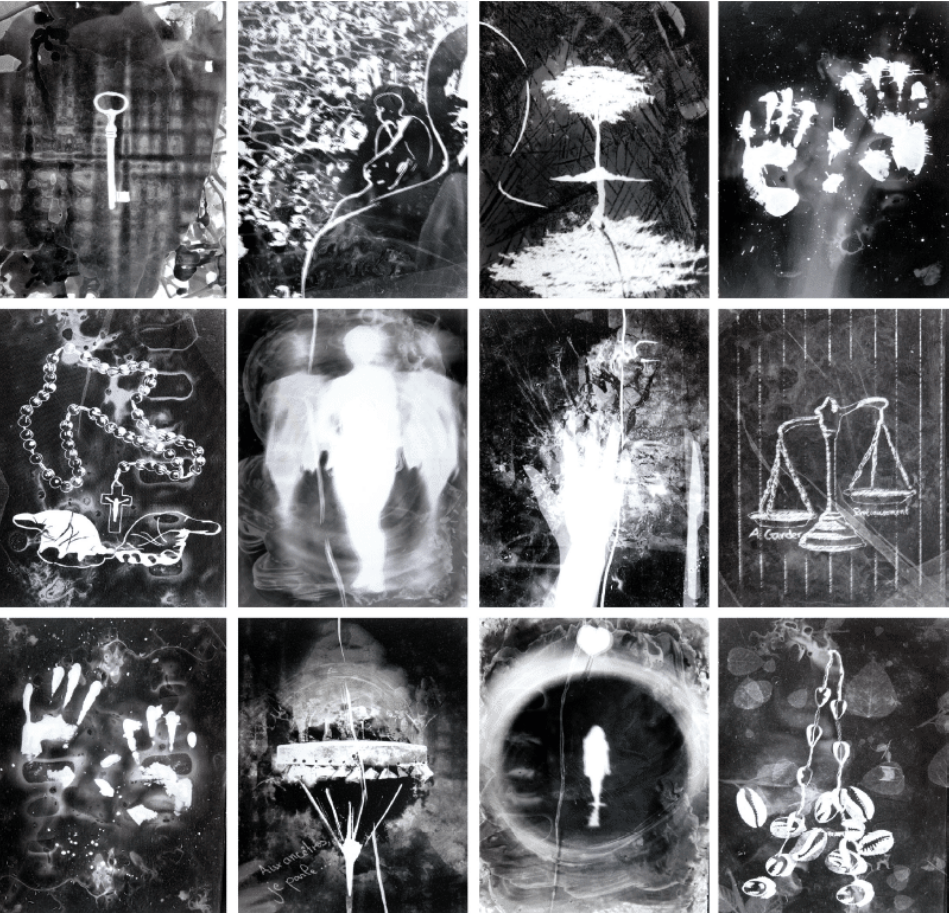 Le Constellé, 2018, série de photogrammes, fil rouge, chaussures, baskets à lacets rouges, 130 × 130 cm, © Sénami Donoumassou